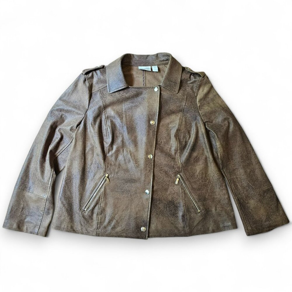 Chicos Women's Moto Jacket Faux Suede Brown Snap Buttons Casual Size 3 / XL 16